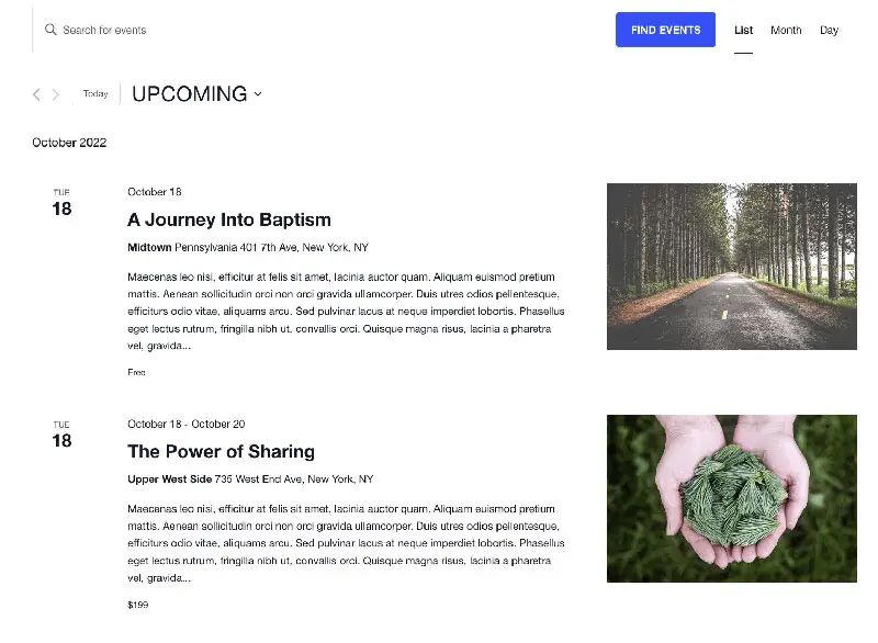 Upcoming events page created using Creativo Church