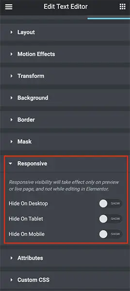 Elementor responsive controls
