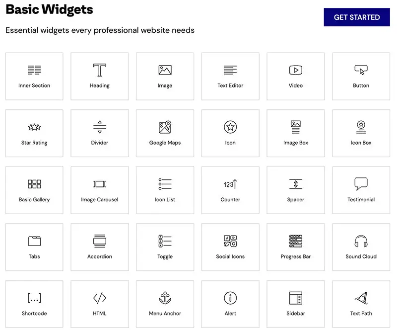 Elementor's basic widgets, which are included in the free plugin