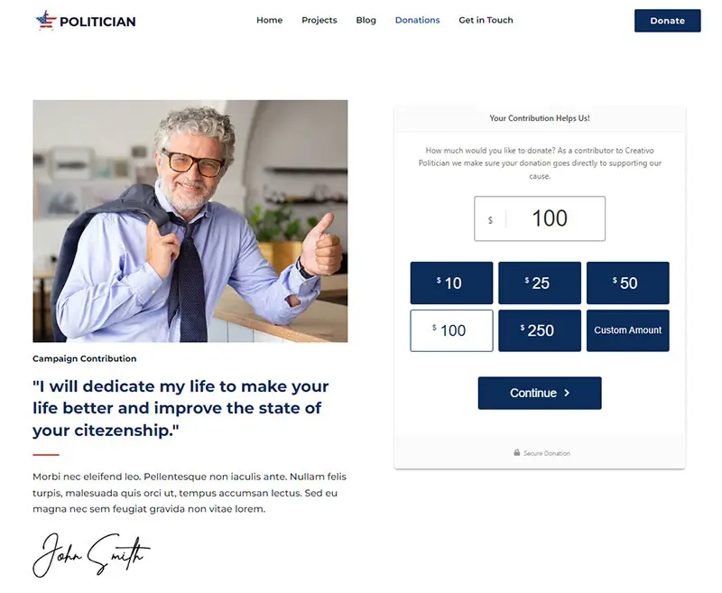Creativo Politician’s pre-built donation portal