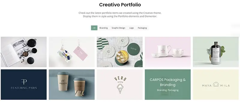 With Creativo and Elementor it’s possible to create all kinds of websites. In this example we can see a beautiful portfolio section on a demo Creativo site.