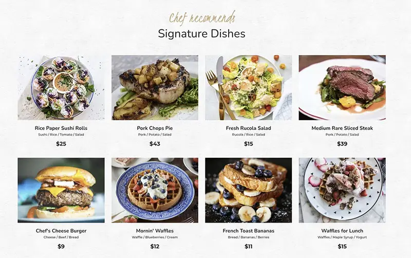Add stunning pictures of your dishes with the Nimva WordPress theme