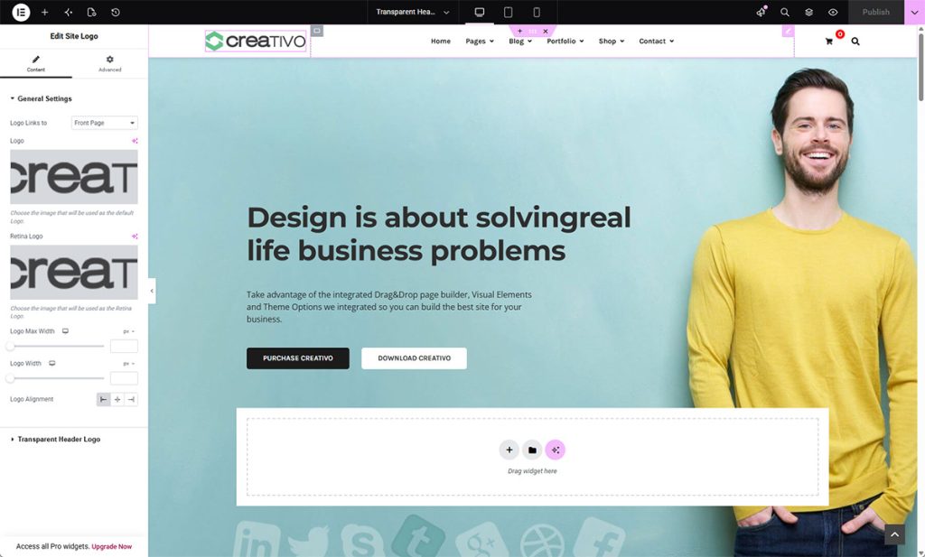 Creativo Elements header builder working on top of Elementor Free