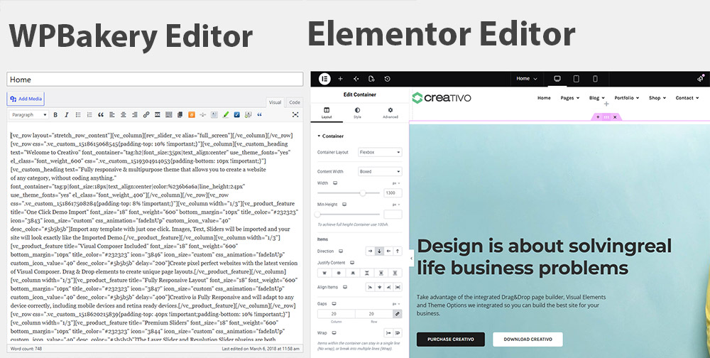 WPBakery shortcodes in the WordPress text editor compared with the Elementor visual editor
