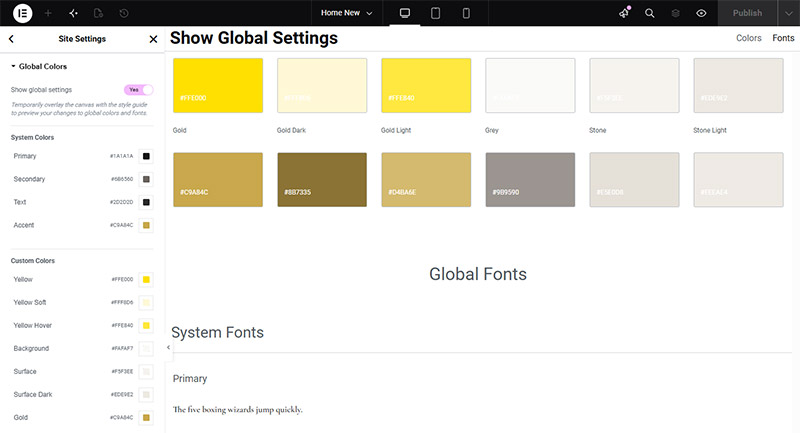 Elementor Site Settings with global colors configured before rebuilding WPBakery pages
